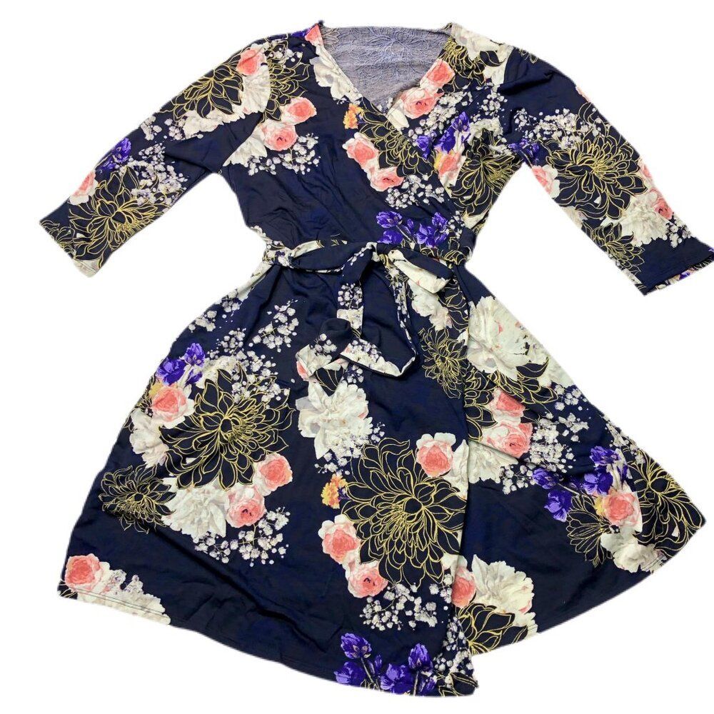 NEW L Lularoe Michelle True Wrap Dress Blue Navy Floral‎ Stretch Knit 3/4 Sleeve